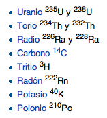 Tabla de los isótopos radiactivos. 